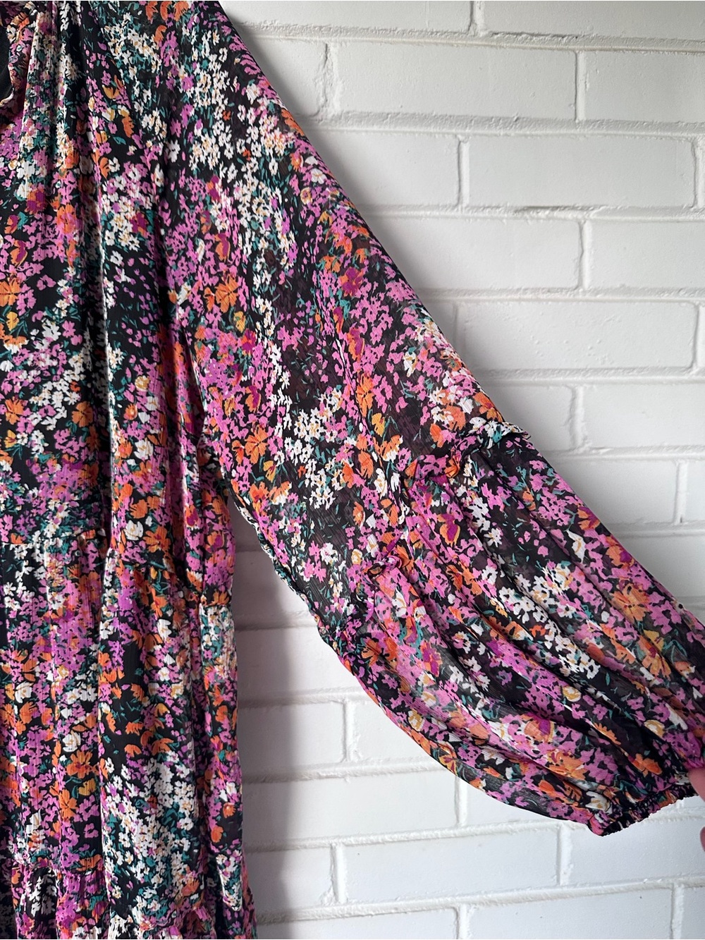 Vince Camuto Black Floral Tiered Long-Sleeve Dress with Pink and Orange Accents - Picture 3 of 6